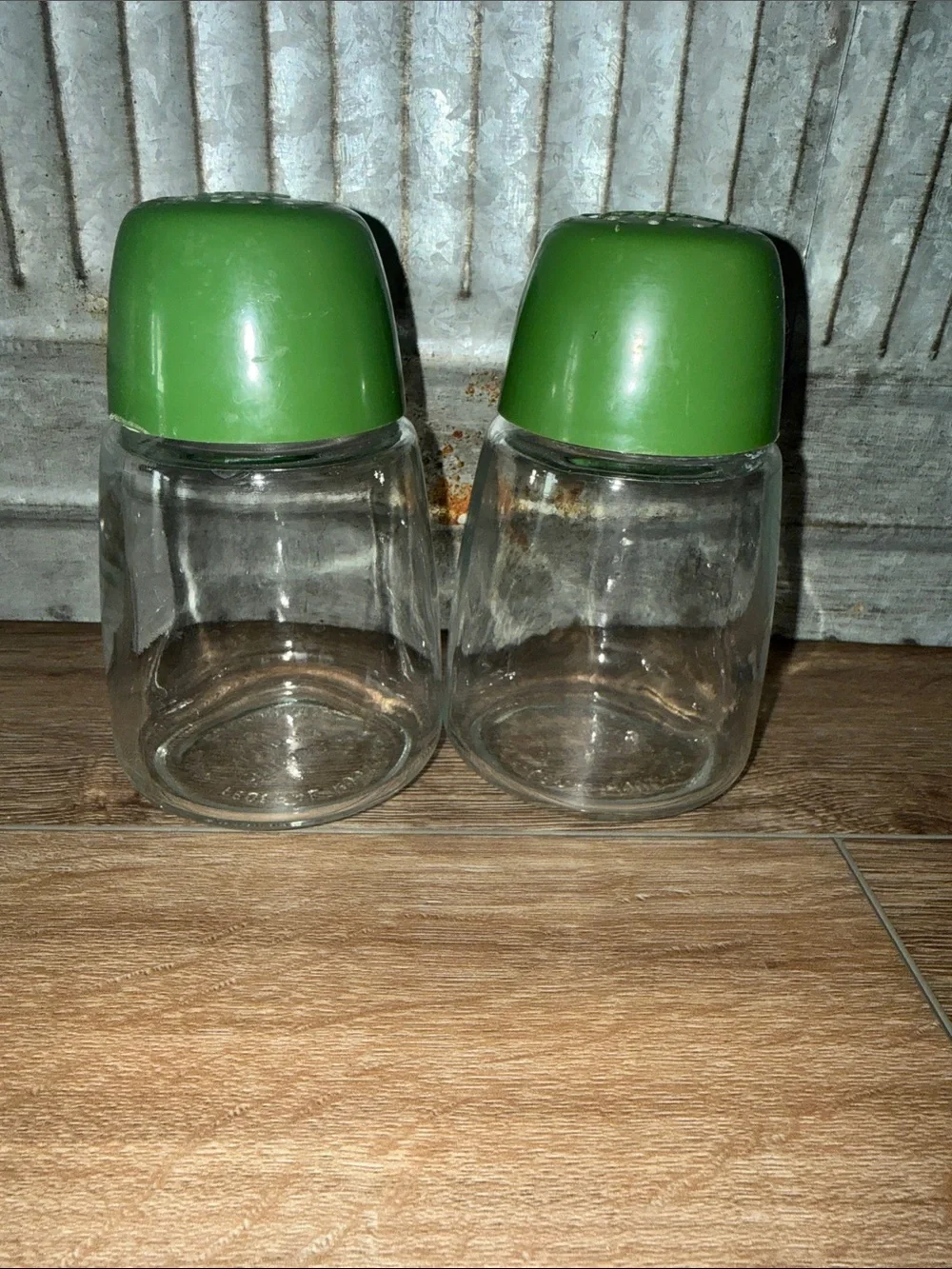 Vintage Federal Housewives Glass Salt and Pepper Shakers Avocado Green Tops